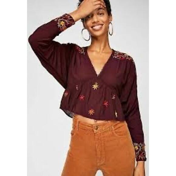 Free Poeple Women’s Ava 
Embroidered Pull Over V Neck Blouse Size Large - Picture 1 of 12